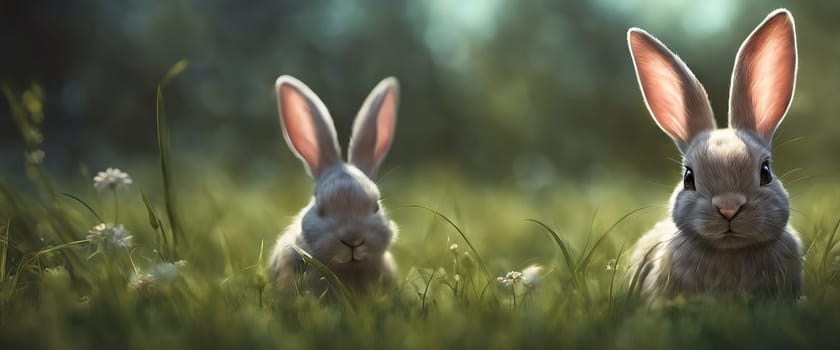 Happy Easter Bunny on a card on their with flowers at sunset. Cute hare