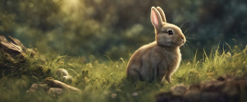 Adorable rabbit sitting on grass with natural bokeh in backdrop. Cute baby bunny frolicking in the yard