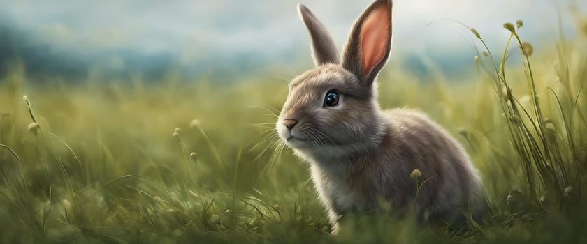 Cute adorable fluffy rabbit sitting on green grass lawn at backyard. Small sweet bunny walking by meadow in green garden on bright sunny day. Easter nature and animal bokeh background