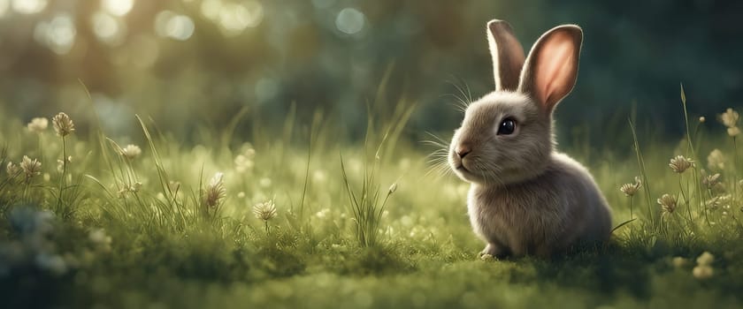 Banner fluffy bunny in a green garden on a sunny day Easter animals background