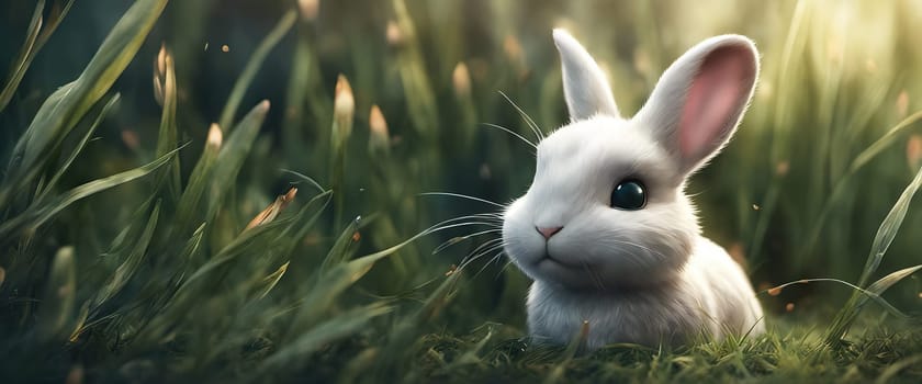 Banner fluffy bunny in a green garden on a sunny day Easter animals background