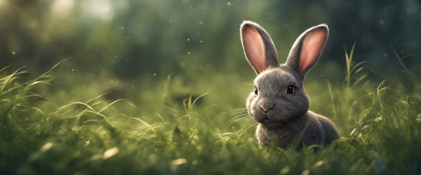 Cute little rabbit sitting in grass in the sunshine, banner for your design