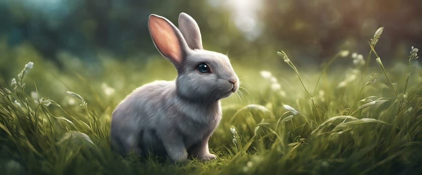 Cute baby rabbit on a green lawn sunshine.