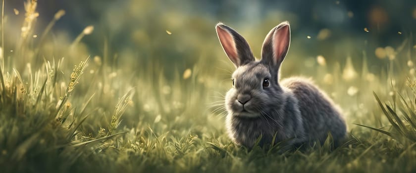 Adorable rabbit sitting on grass with natural bokeh in backdrop. Cute baby bunny frolicking in the yard