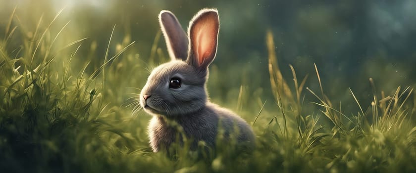 A small rabbit sitting in a field on green grass