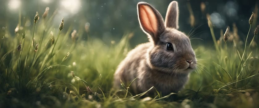 A small rabbit sitting in a field on green grass