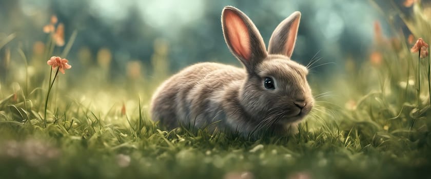 Cute little rabbit sitting in grass in the sunshine, banner for your design