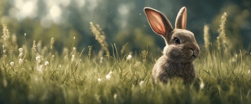 Adorable rabbit sitting on grass with natural bokeh in backdrop. Cute baby bunny frolicking in the yard