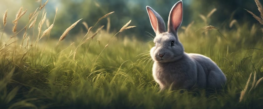 Banner fluffy bunny in a green garden on a sunny day Easter animals background
