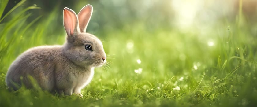 Little rabbit sits on the lawn. Dwarf rabbit at sunset sun. Summer warm day.