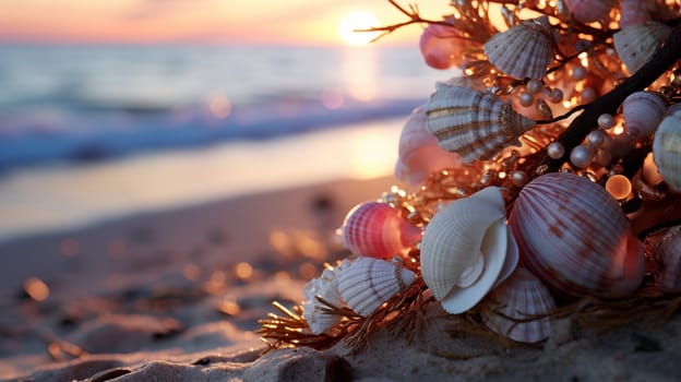 Beautiful seashells and pearls on the branches, lying on the coast at sunset.