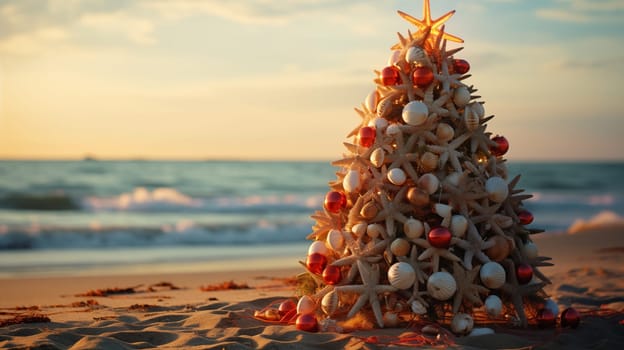 Beautiful Christmas tree made of seashells standing on the coast at sunset.