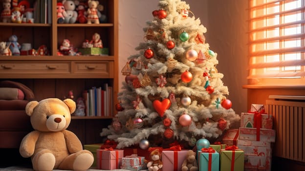 Beautiful silver christmas tree standing in children's room.