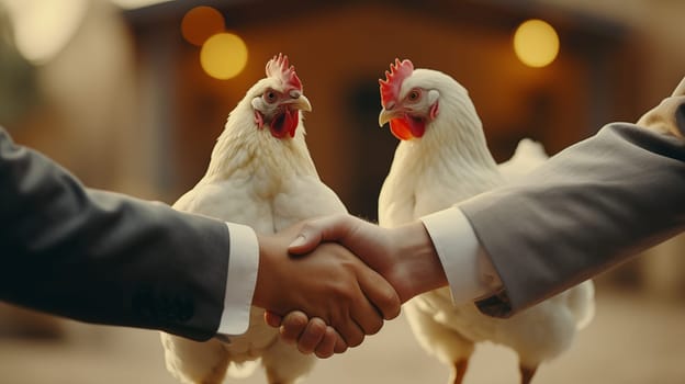 Close up of handshake of two men in business suits on the background of two white chickens.