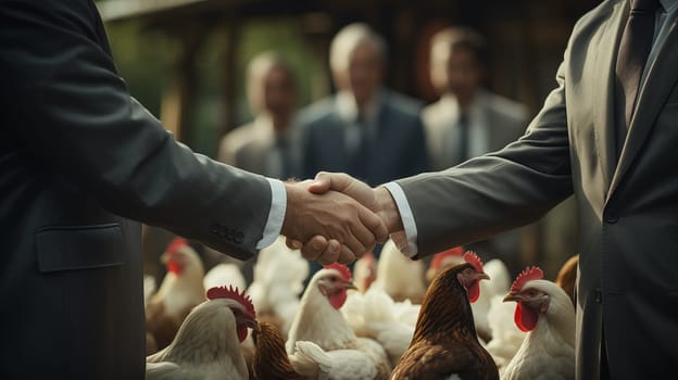 Close up of handshake of mens in business suits on the background of white chickens outdoor.