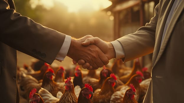Close up of handshake of two men in business suits on the background of chickens on farm, at sunset.