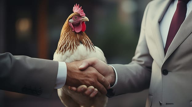 Close up of handshake of two men in business suits on the background of brown rooster.