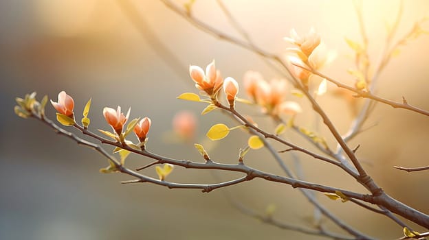 A tree branch in early spring with swollen buds, in the soft rays of the morning sun, AI generated.