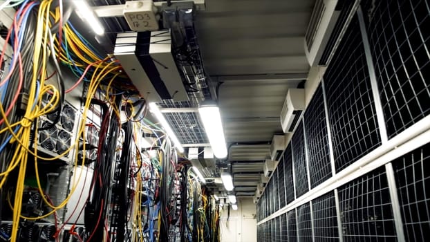 Inside room with data centers and cables. Stock footage. Room with data centers, cables and solar panels to absorb bright artificial lighting.