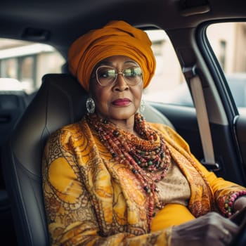 African American woman in national turban sitting in luxury car.