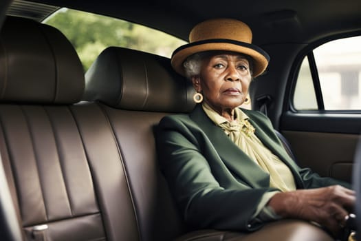 Stylish african american woman sitting in luxury car interior in car dealership. She looks confident and elegant, demonstrating sophistication and beauty.