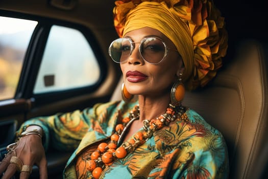 African American woman in national turban sitting in luxury car.