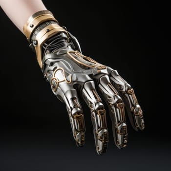 Fascinating close-up of a robot's cybernetic hand, symbolizing the fusion of man and technology.