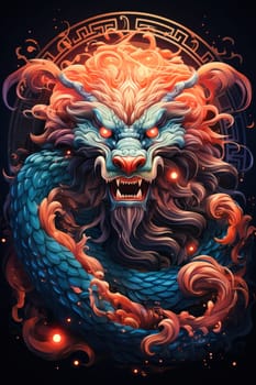 A photograph showing a portrait of a dragon in a bright range of red and blue shades, symbolizing the magical and mysterious world of fantasy and mythology