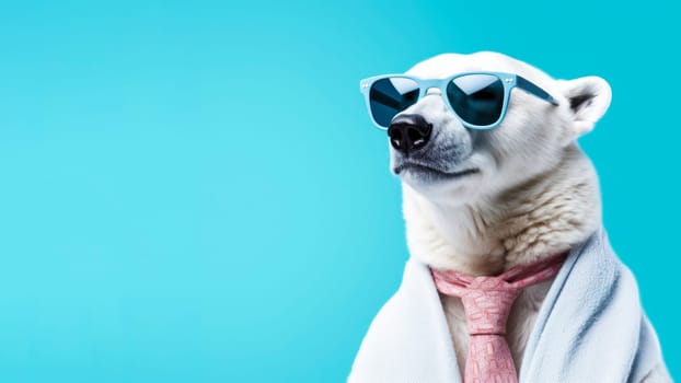 Advertising poster or banner with white polar bear in sunglasses against a stylish blue backdrop, radiating winter charm