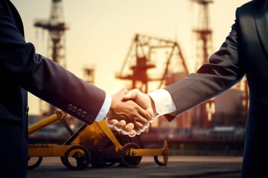 Businessmen shaking hands on background with oil derricks. Business deal concept.