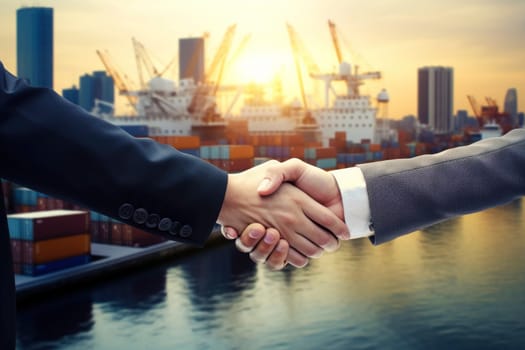 Businessmen shaking hands on background with cargo sea port. Business deal concept.
