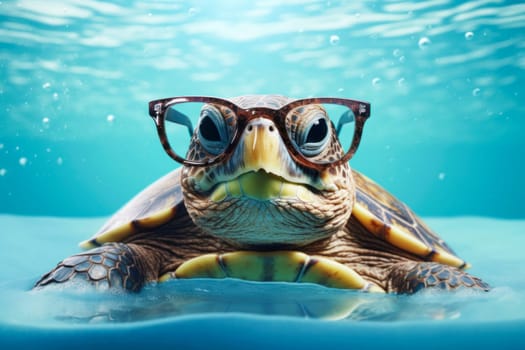 A turtle with a serious expression and glasses presents the concept of business experience and wisdom against a vibrant blue backdrop