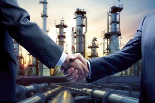 Businessmen shaking hands on background with oil derricks. Business deal concept.