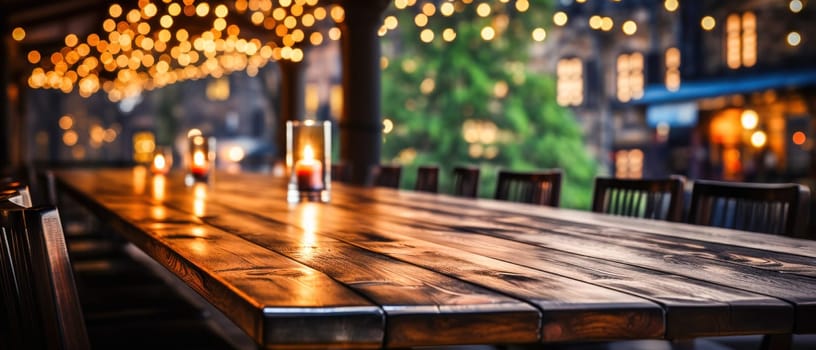 Festive lights are reflected on the surface of the wooden table, creating a cozy atmosphere of warmth and joy, giving the evening a special charm.