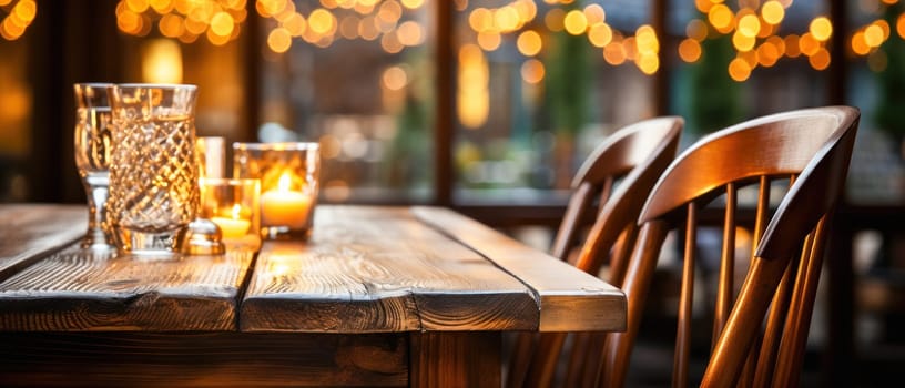 Wooden table on garland background with festive lights.