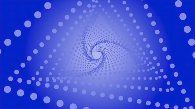 Triangular spiral tunnel of dots. Motion. Simple tunnel made of triangular spiral. Points in spiral tunnel with triangles. Visual hypnotic effect.
