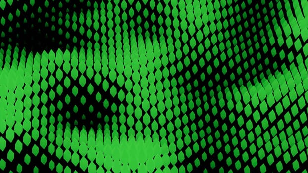Volumetric moving waves from points. Design. Wavy pulsations of moving dots on black background. Virtual background of moving waves from dots.