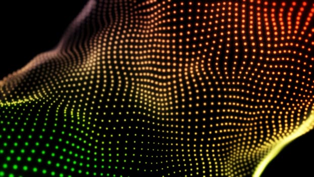 Loopable gradient waving dotted texture with shining blurred particles. Green, red, and yellow small circles flowing on black background, abstract fabric.
