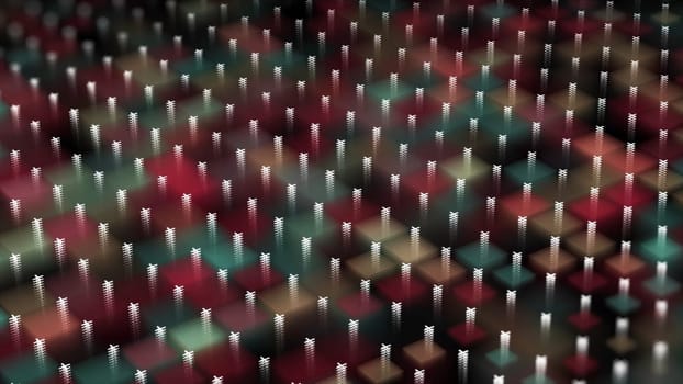 Abstract flat design of square colorful shapes. Background of an abstract minimal multicolored flat pattern of squares and crosses that becoming blurred.