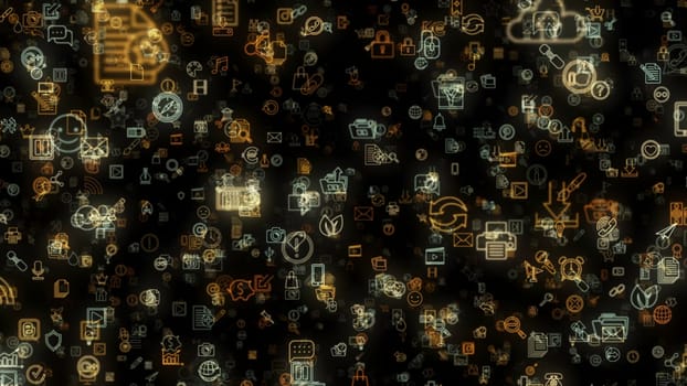 Abstract animation of multicolored neon social media network emojis icons appearing on the black background. Animation. Animation of seamless loop.