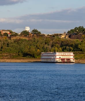 Natchez, MS - 26 October 2023: Paddle steamer river cruise boat American Countess docked in low water to Natchez Mississippi