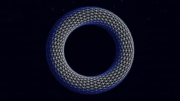 Abstract, blue and white, circle shape geometrical figure rotating on black background. Volume illustrated, transparent ring spinning, seamless loop