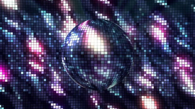 Bright background with rotating disco ball. Motion. Disco background with brilliant iridescent colors and rotating ball. Disco ball with beautiful color shimmers on repeating background.