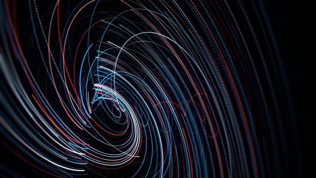 Neon lines swirling in swirl on black background. Animation. Effect of neon spiral vortex. Neon lines move in spiral creating techno vortex.