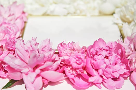 Beautiful frame with floral pions background. Free space for your design, mockup