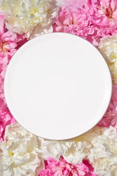 Beautiful frame with floral pions background. Free space for your design, mockup