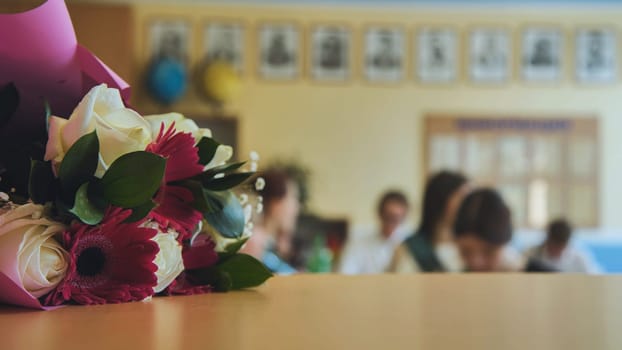 First day of school. Flowers lie on the table to celebrate the day of school