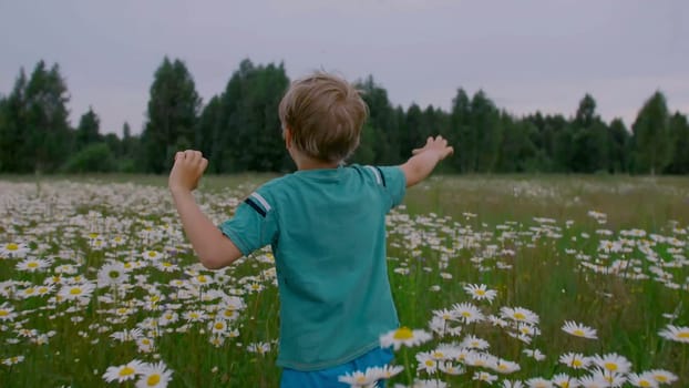 A boy running through a field with daisies. Creative. A small child with long brown hair runs through a field with white small flowers in front of tall trees in front of a blue cloudy sky. High quality 4k footage