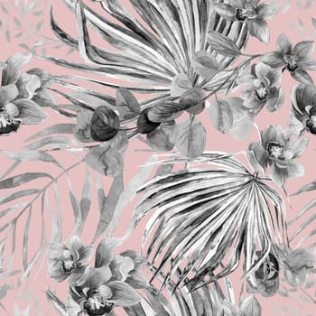 Seamless botanical monochrome black and white pattern with watercolor flowers and palm leaves. Drawing for textiles