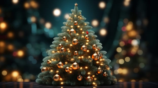 A beautiful little Christmas tree with golden ball stands in a room on wooden table.